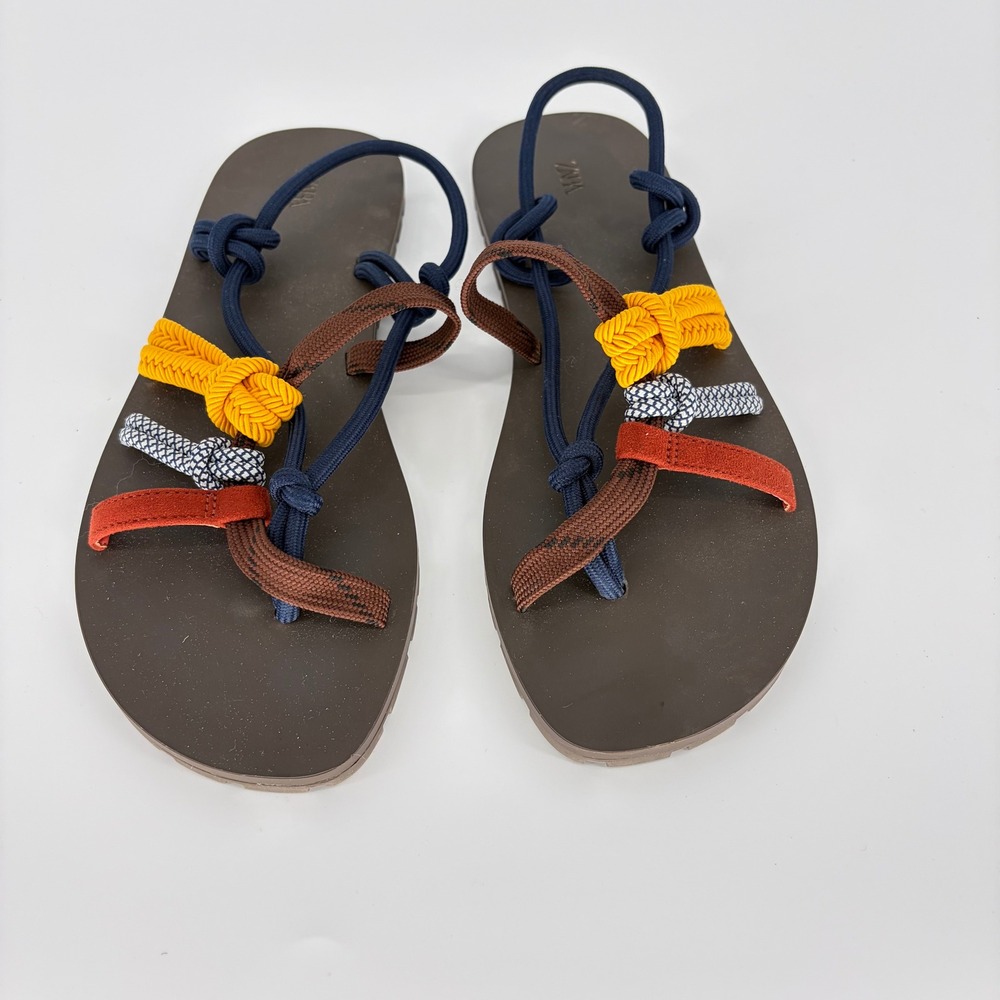Zara Womens Multi Color Rope Knot Flat Sandals Brown Slingback Size 38 US 7.5 - Picture 2 of 8